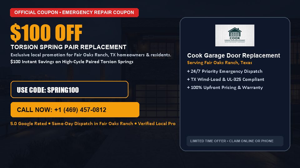Cook Garage Door Replacement $100 OFF Dual Torsion Spring Replacement in Fair Oaks Ranch, TX